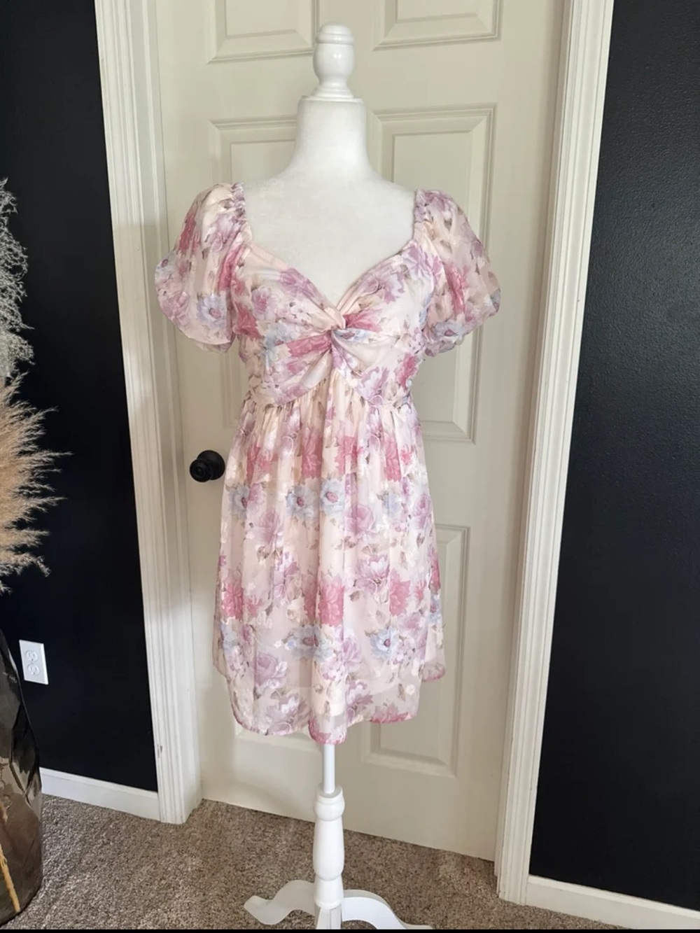 Lulus Fresh Florals Cream Floral Print Puff Sleeve Mini Dress Size Medium - Picture 6 of 12